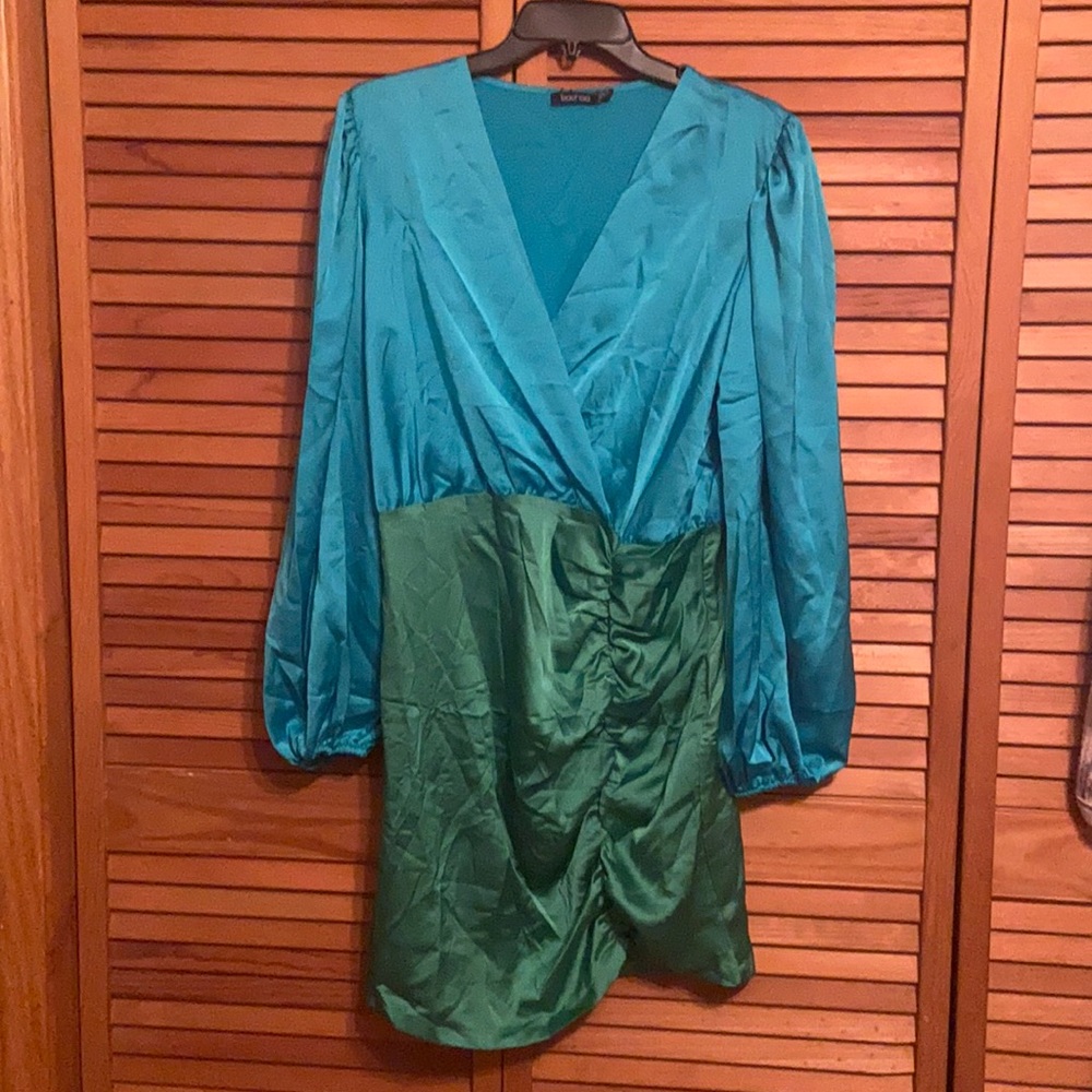 Boohoo satin color block wrap dress